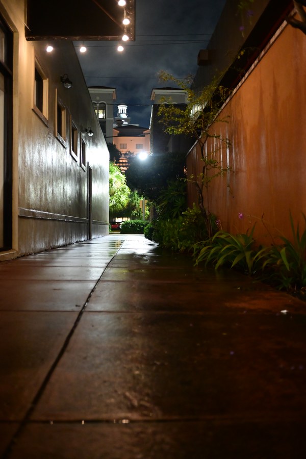 String lights above a narrow passage toward the clock tower