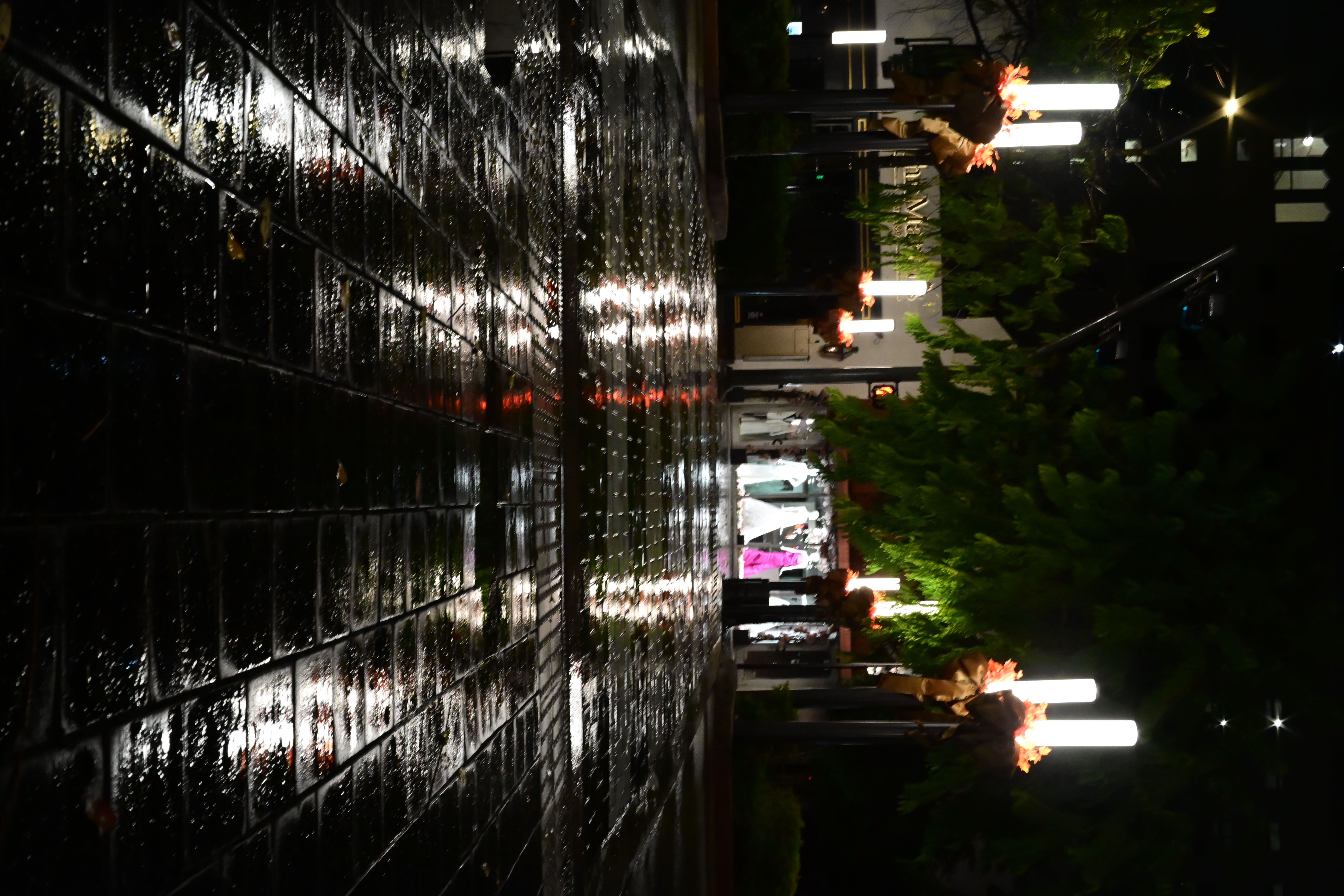 Tall white lamps illuminate a dark pedestrian walkway and glimmer across the wet bricks.